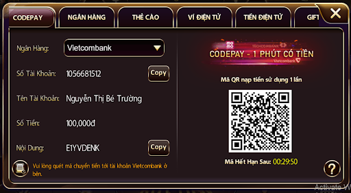 Nạp tiền vào ứng dụng sun win bằng app ngân hàng.